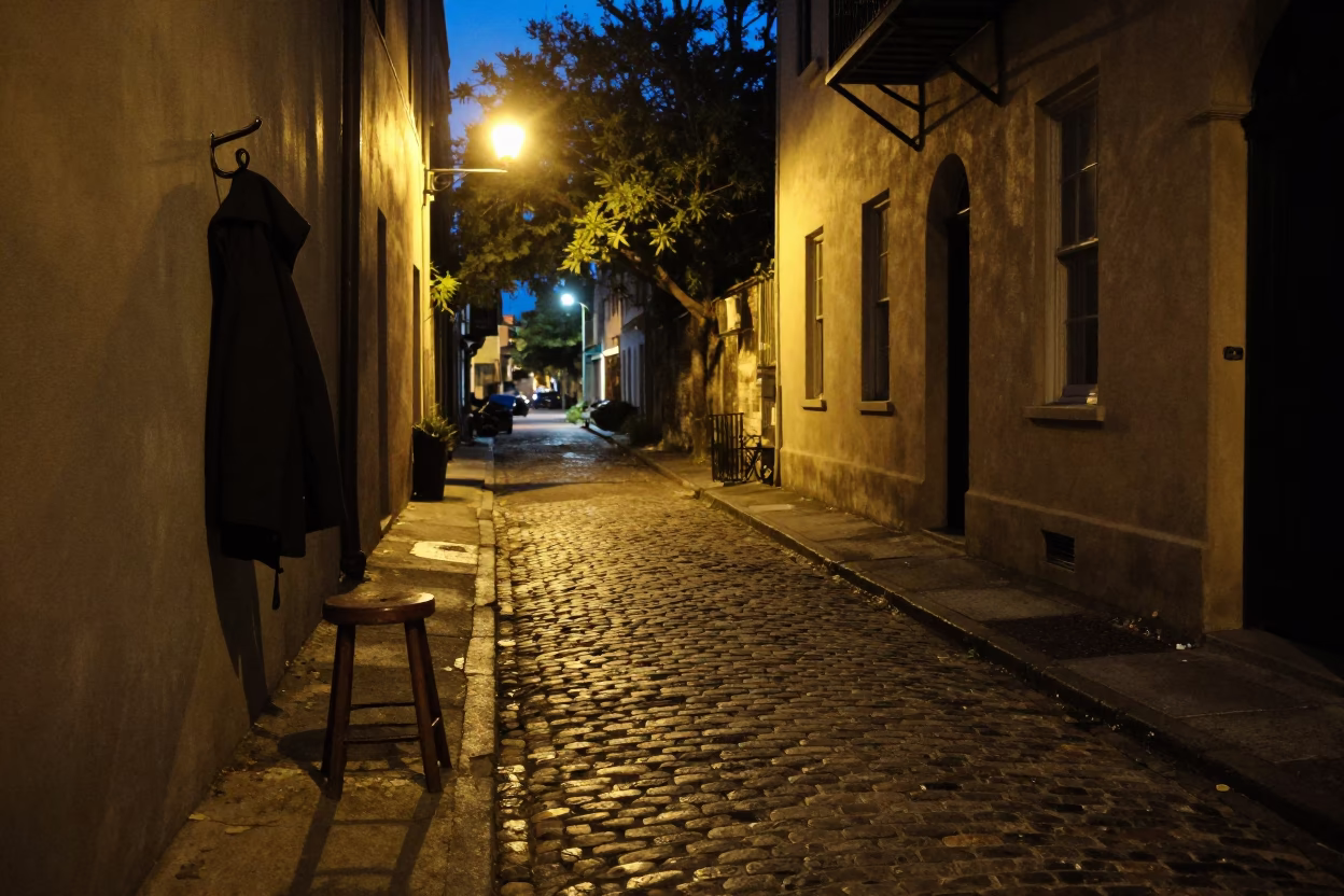Midnight Charleston Street Scene with Stool and Coat Hook in Historic District in in Charleston, South Carolina, United States