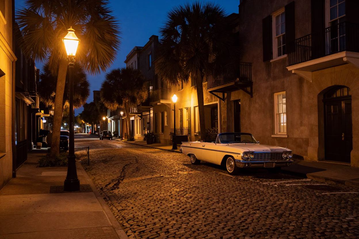 Midnight Charleston Street Scene with Vintage Car and Local Passersby in in Charleston, South Carolina, United States