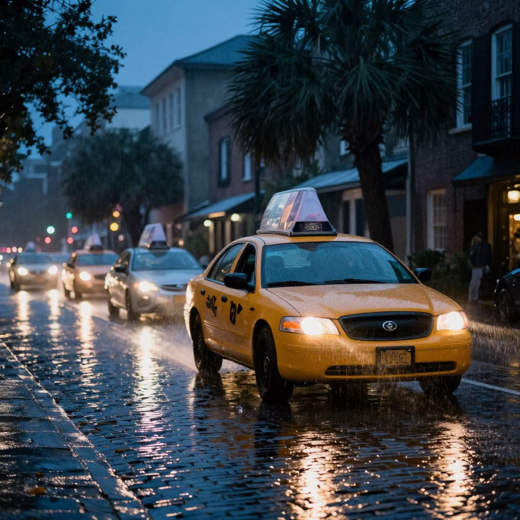 Midnight Charleston Street Scene with Yellow Taxi and Rain in in Charleston, South Carolina, United States