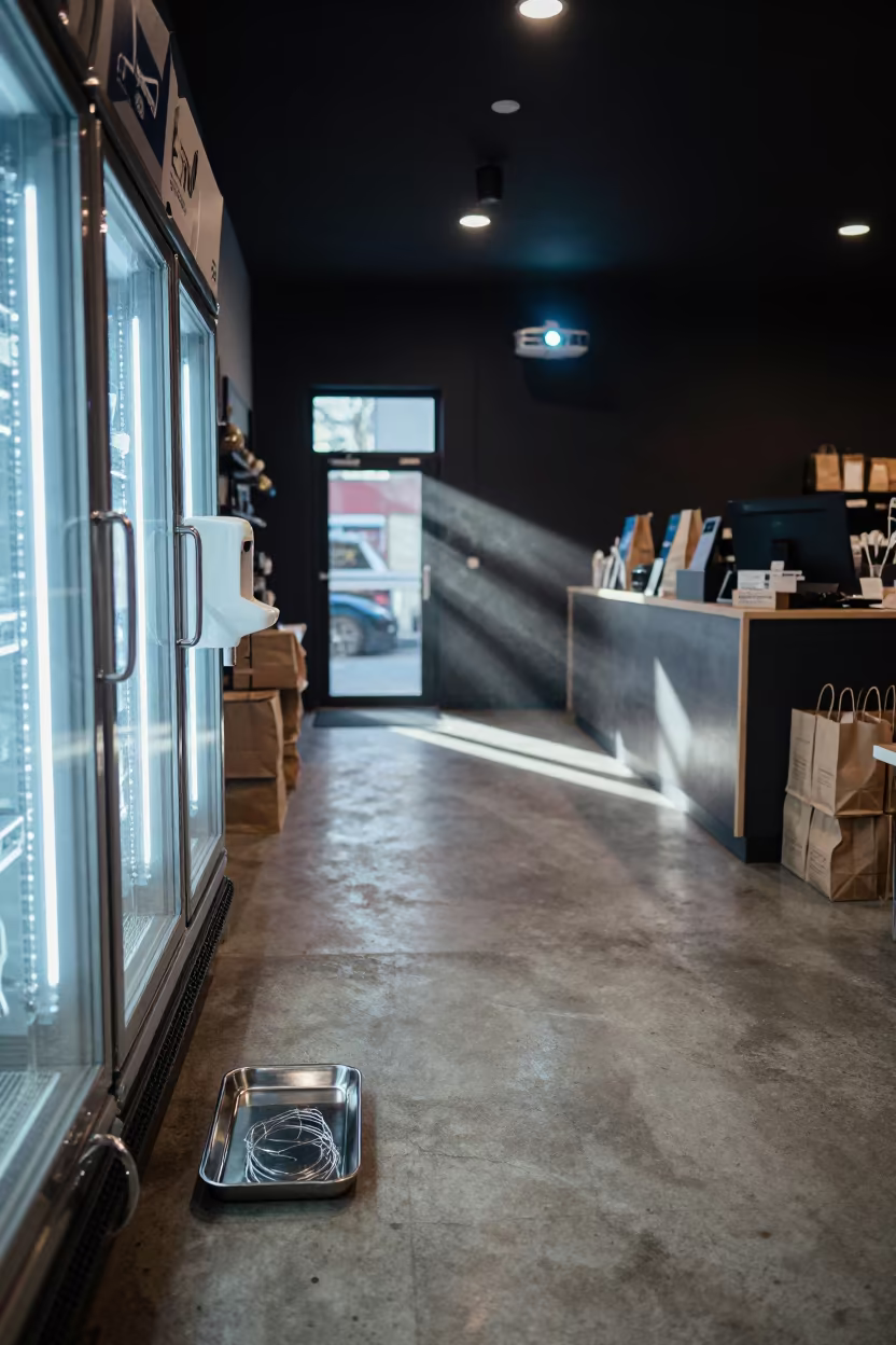 Midnight Cheese Wire Sanitizer Tray Kitwe in at a cash wrap counter with bags stacked nearby in Kitwe