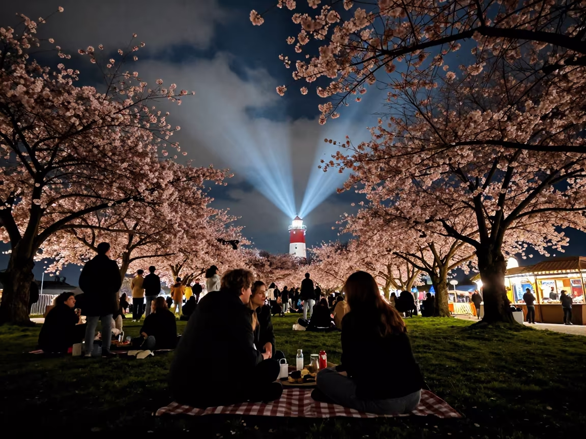 Midnight Cherry Blossom Picnic Near Lille Market in at a night market near Lille
