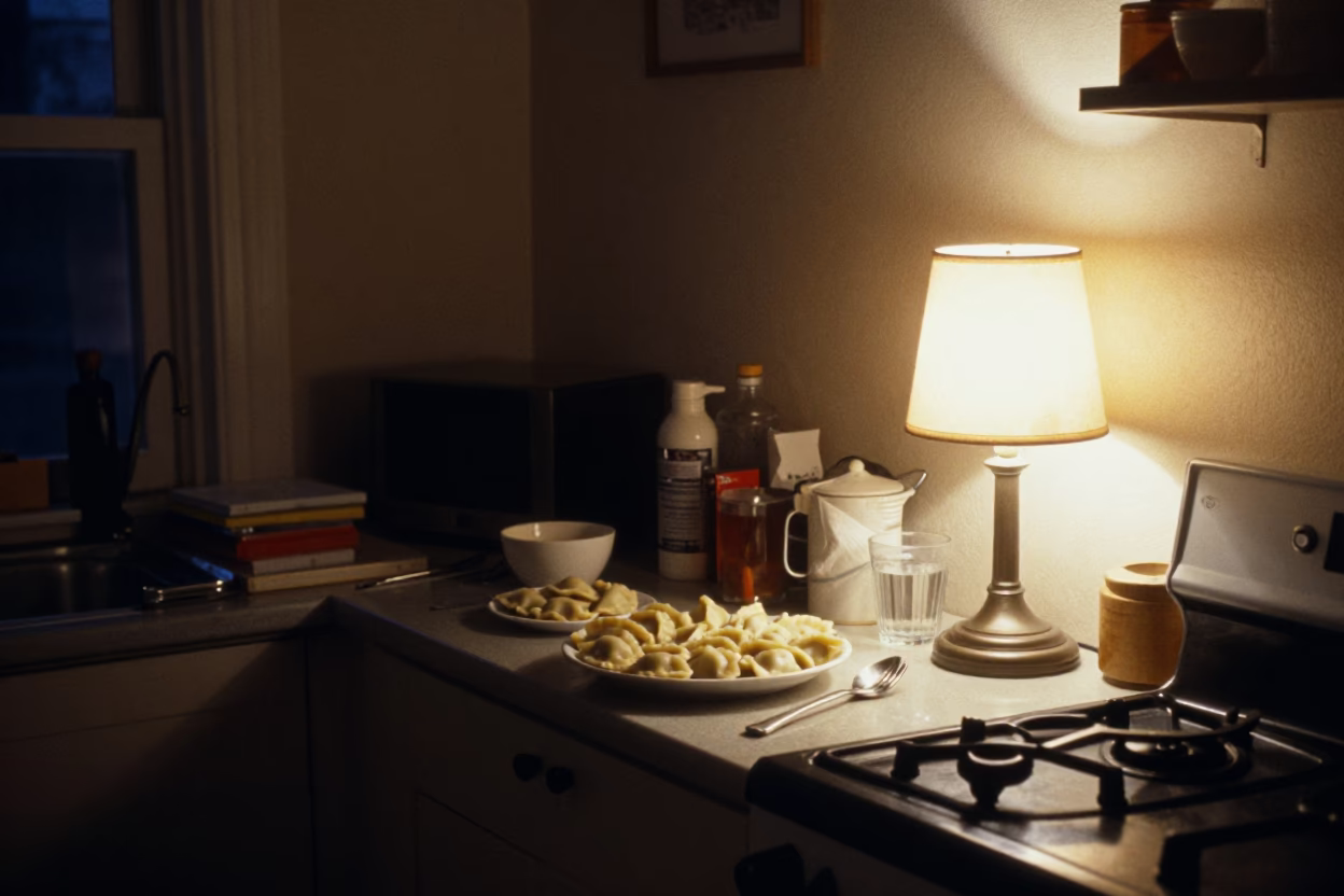 Midnight Chicago Kitchen Scene with Pierogi and Bedside Lamp Illumination in in Chicago, Illinois, United States