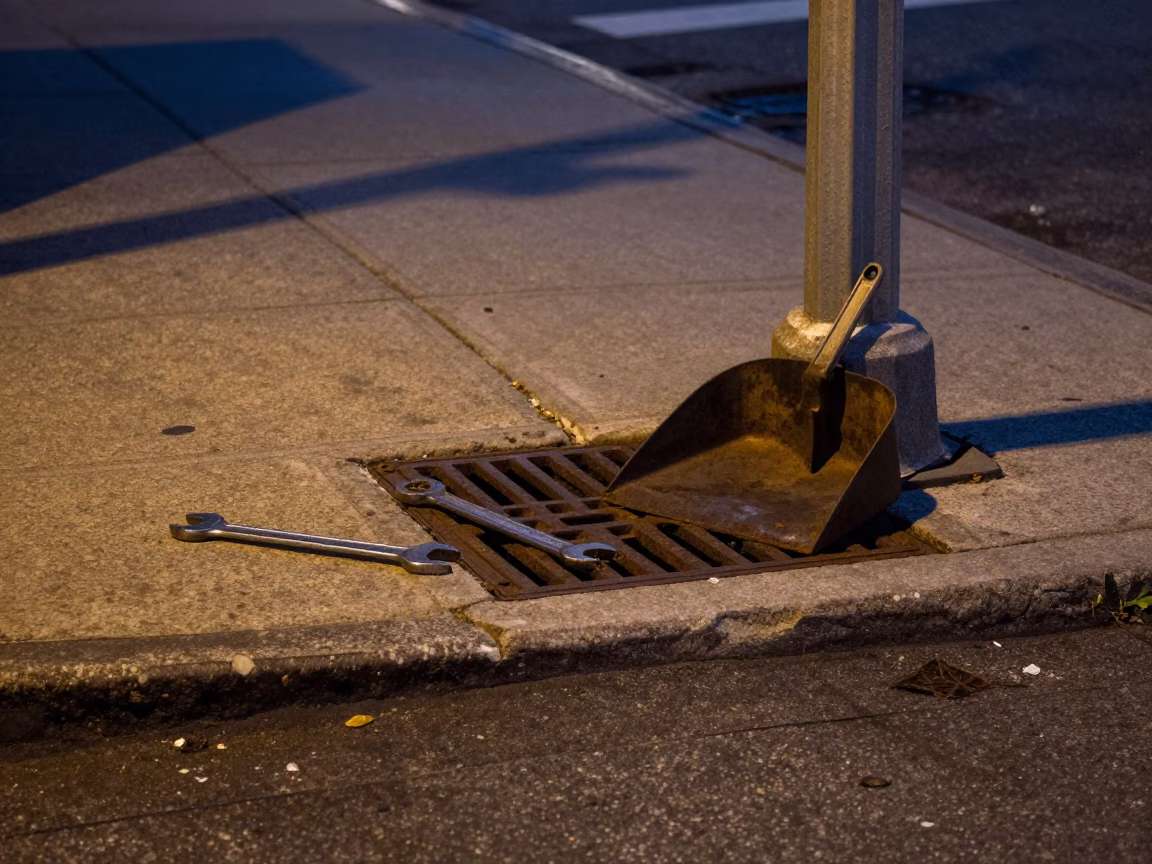 Midnight Chicago Street Corner with Wrench and Dustpan Near Harbor Lights in in Chicago, Illinois, United States