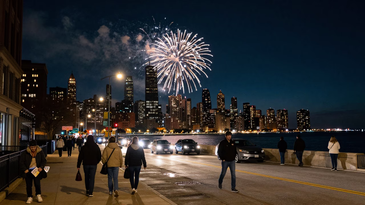 Midnight Chicago Street Scene with Fireworks Over Harbor and Urban Nightlife in in Chicago, Illinois, United States