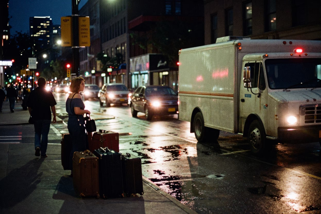 Midnight Chicago Street Scene with Grease Sheen and Suitcases in in Chicago, Illinois, United States