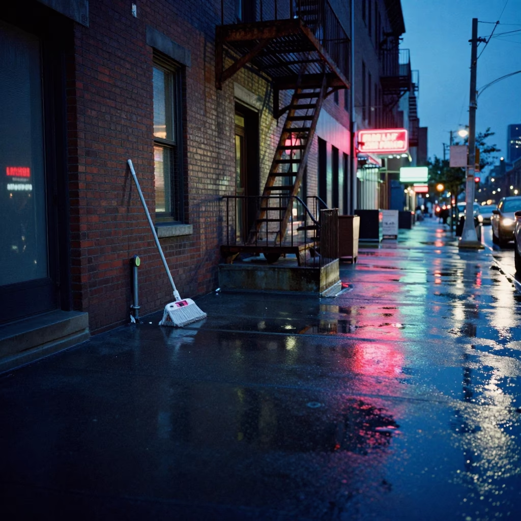 Midnight Chicago Street Scene with Neon Reflections and Urban Decay Details in in Chicago, Illinois, United States