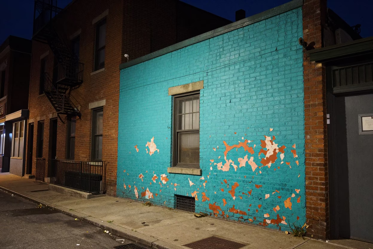 Midnight Chicago Street Scene with Peeling Turquoise Paint and Laundry Pins on Fire Escape in in Chicago, Illinois, United States