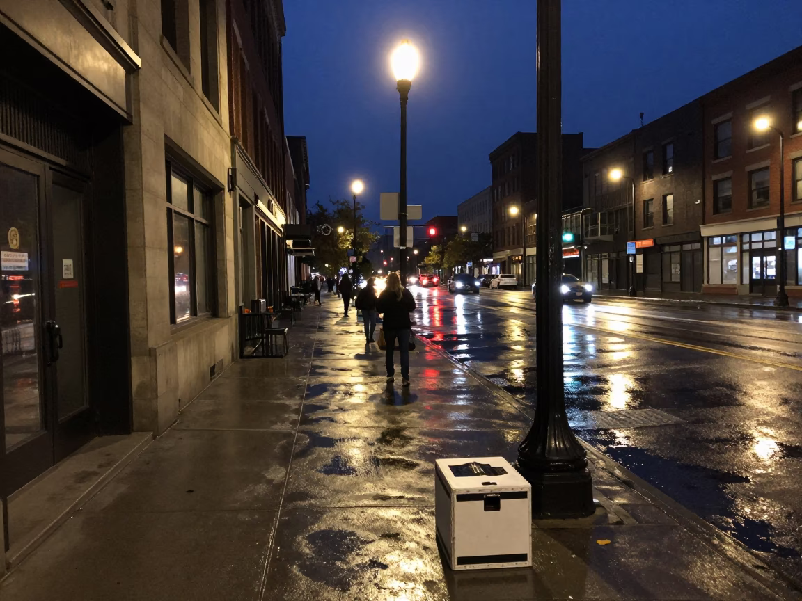 Midnight Chicago Street Scene with Shoebox and Urban Details in in Chicago, Illinois, United States