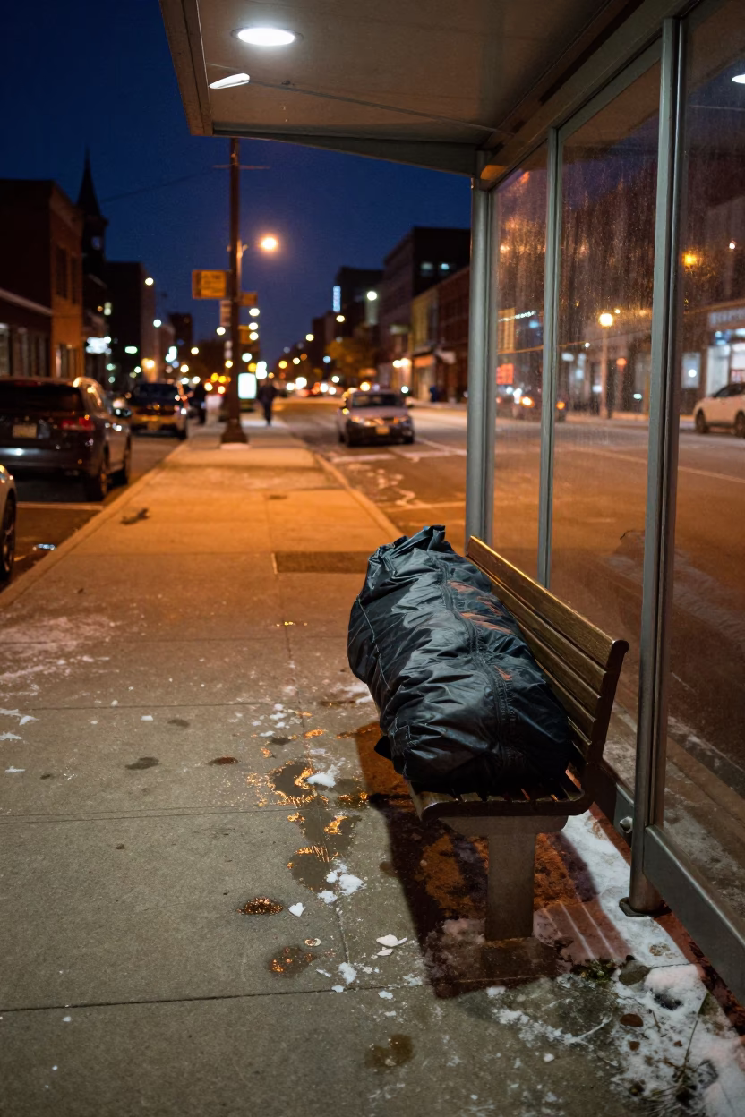 Midnight Chicago Street Scene with Sleeping Bag and Bench Smudges in in Chicago, Illinois, United States