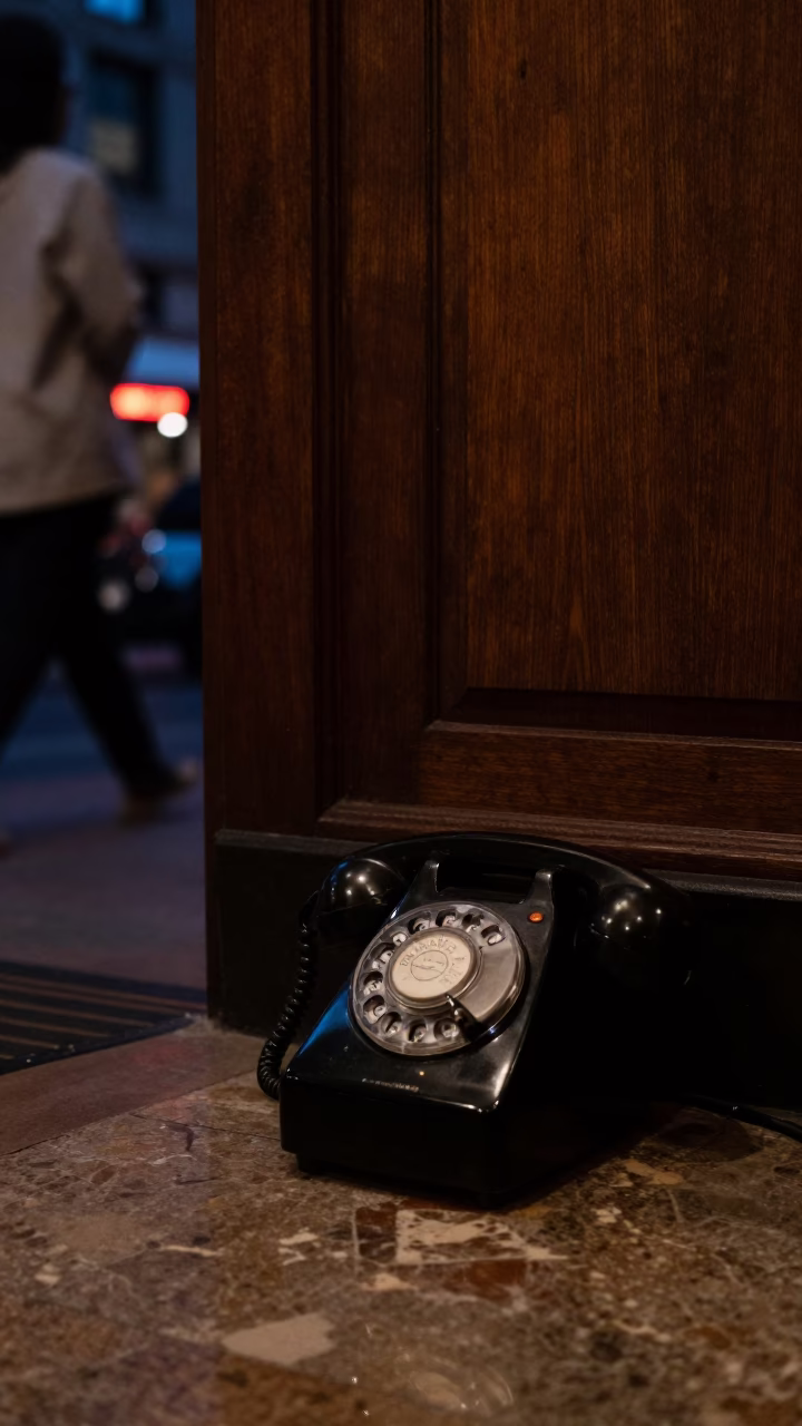 Midnight Chicago Street Scene with Vintage Bakelite Telephone on Hotel Desk in in Chicago, Illinois, United States