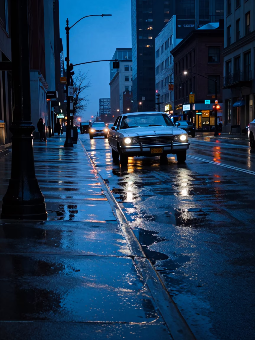 Midnight Chicago Street Scene with Vintage Car and Neon Sign Reflections in in Chicago, Illinois, United States