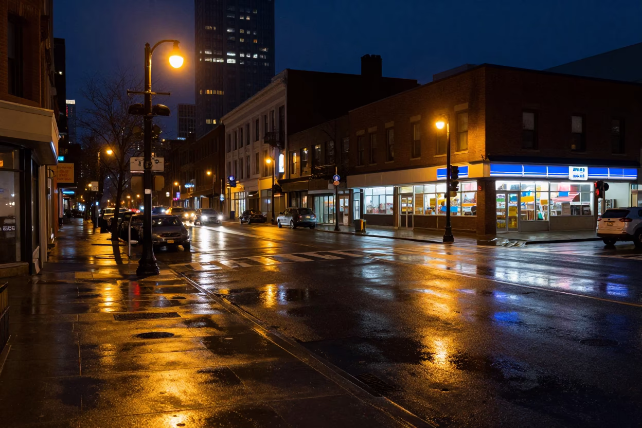 Midnight Chicago Street Scene with Wet Pavement and City Lights in in Chicago, Illinois, United States
