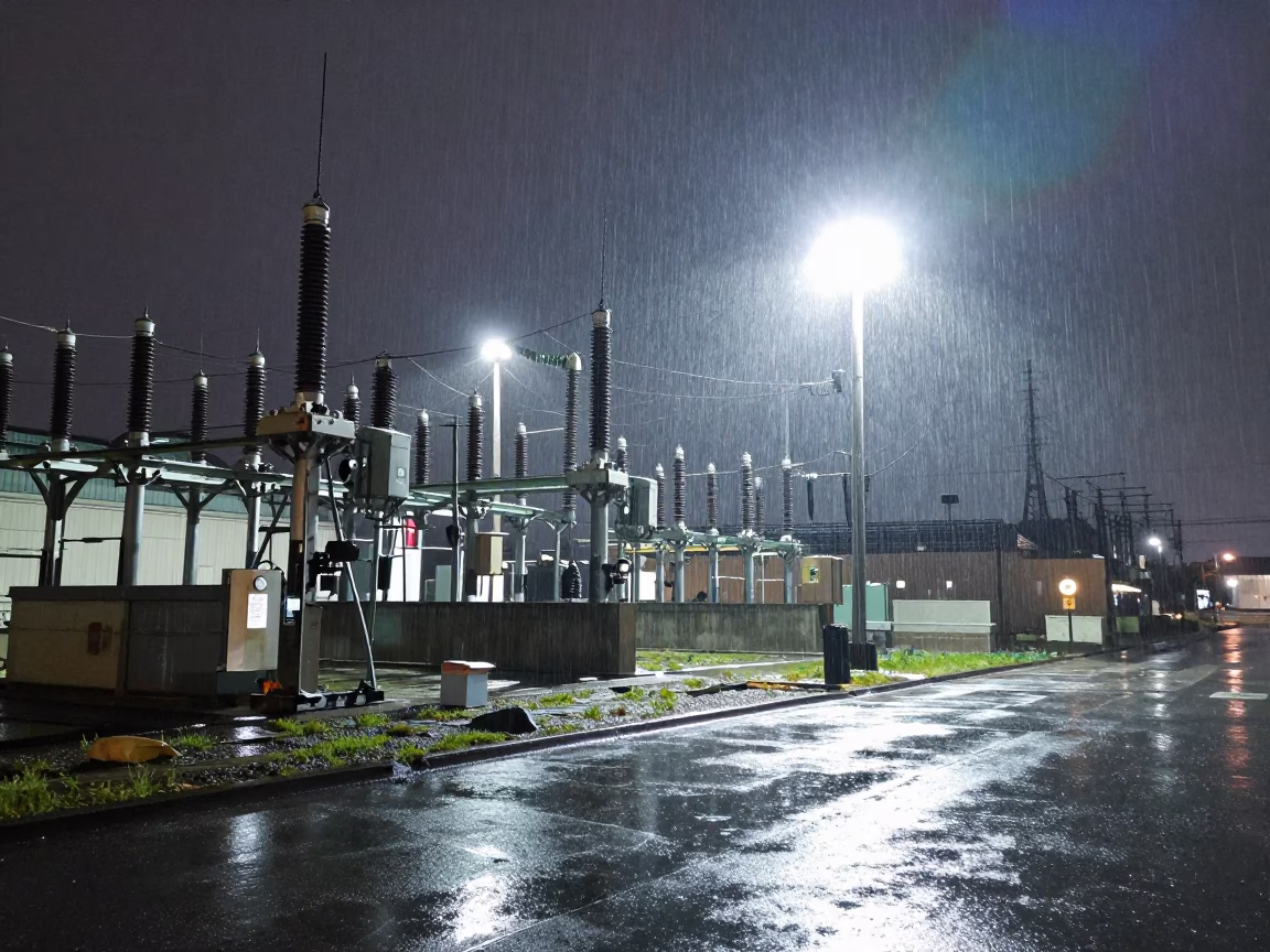 Midnight Chicago Substation Insulators Sparkling with Rain Under Floodlights in in Chicago, Illinois, United States