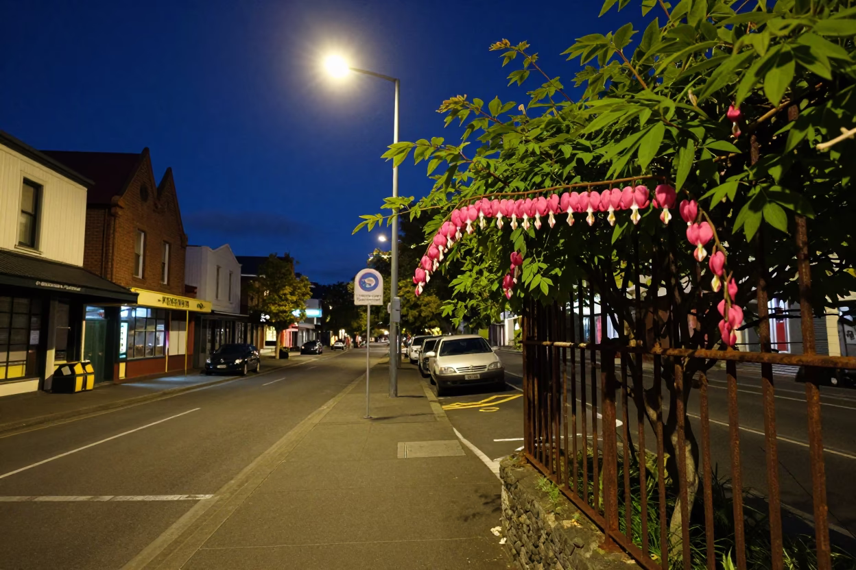 Midnight Christchurch Street Scene with Bleeding Heart Vine and Local Dog in in Christchurch, New Zealand
