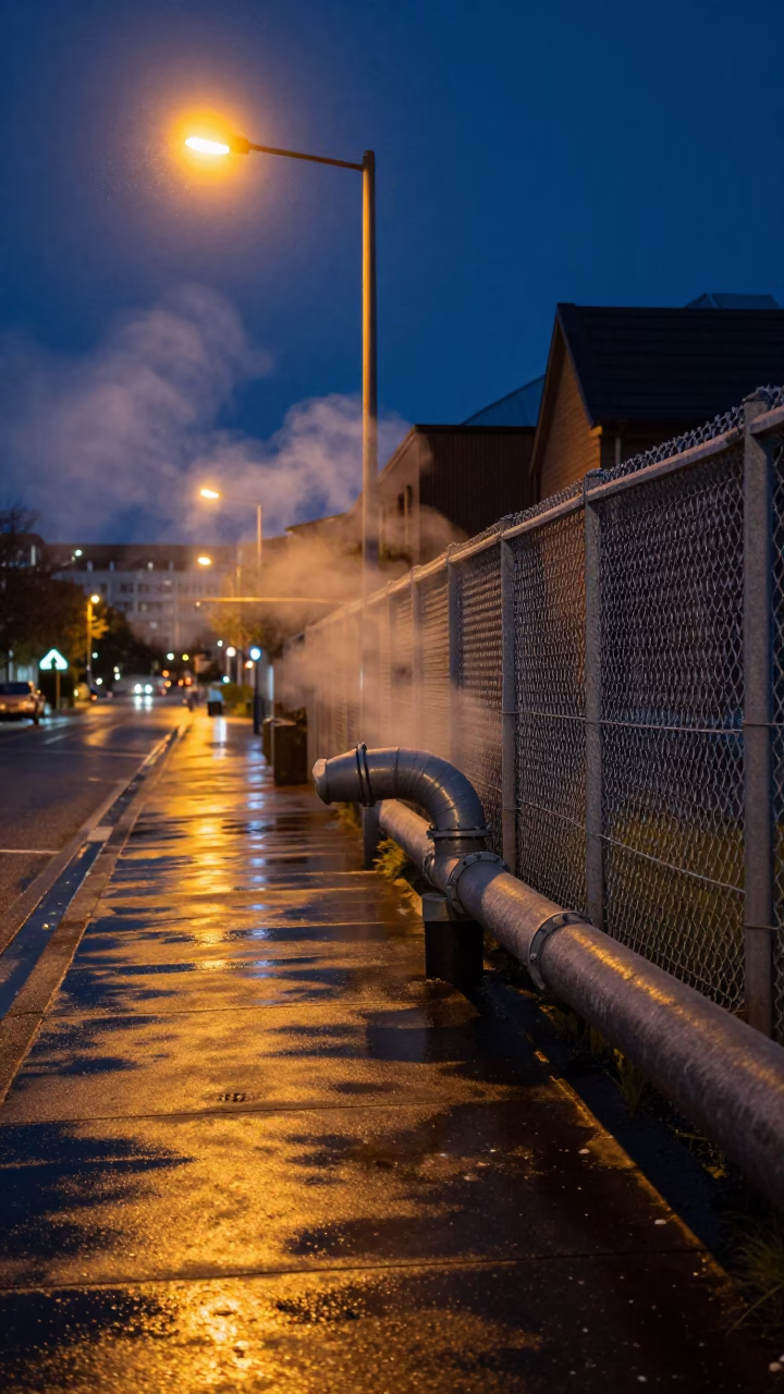 Midnight Christchurch Street Scene with District Heating Pipe and Umbrella Stand in in Christchurch, New Zealand