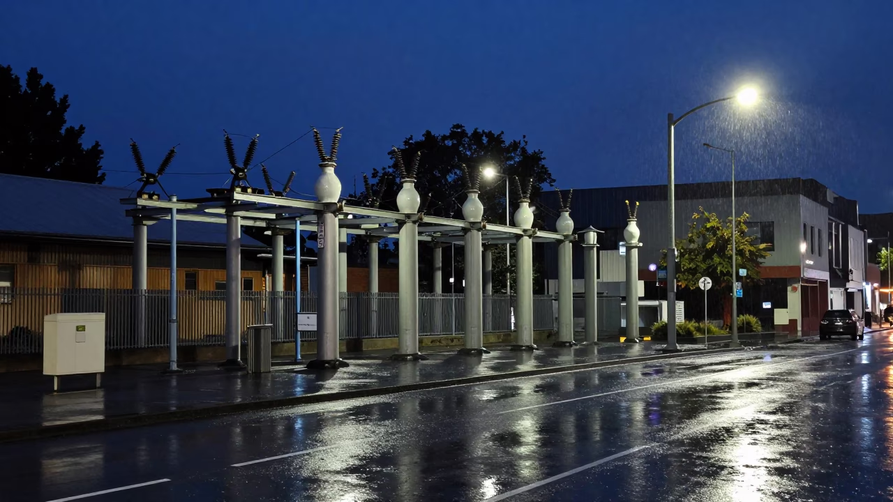 Midnight Christchurch Street Scene with Substation Insulators and Rain in in Christchurch, New Zealand