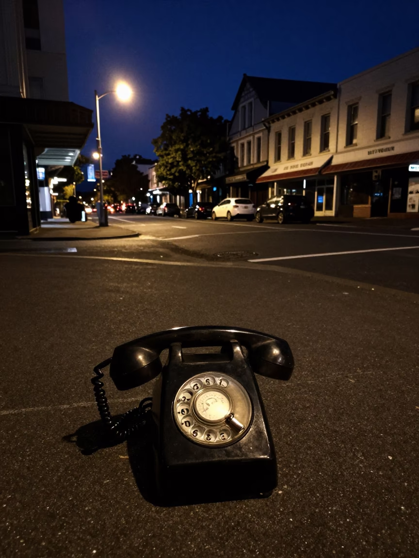 Midnight Christchurch Street Scene with Vintage Bakelite Telephone and Urban Details in in Christchurch, New Zealand