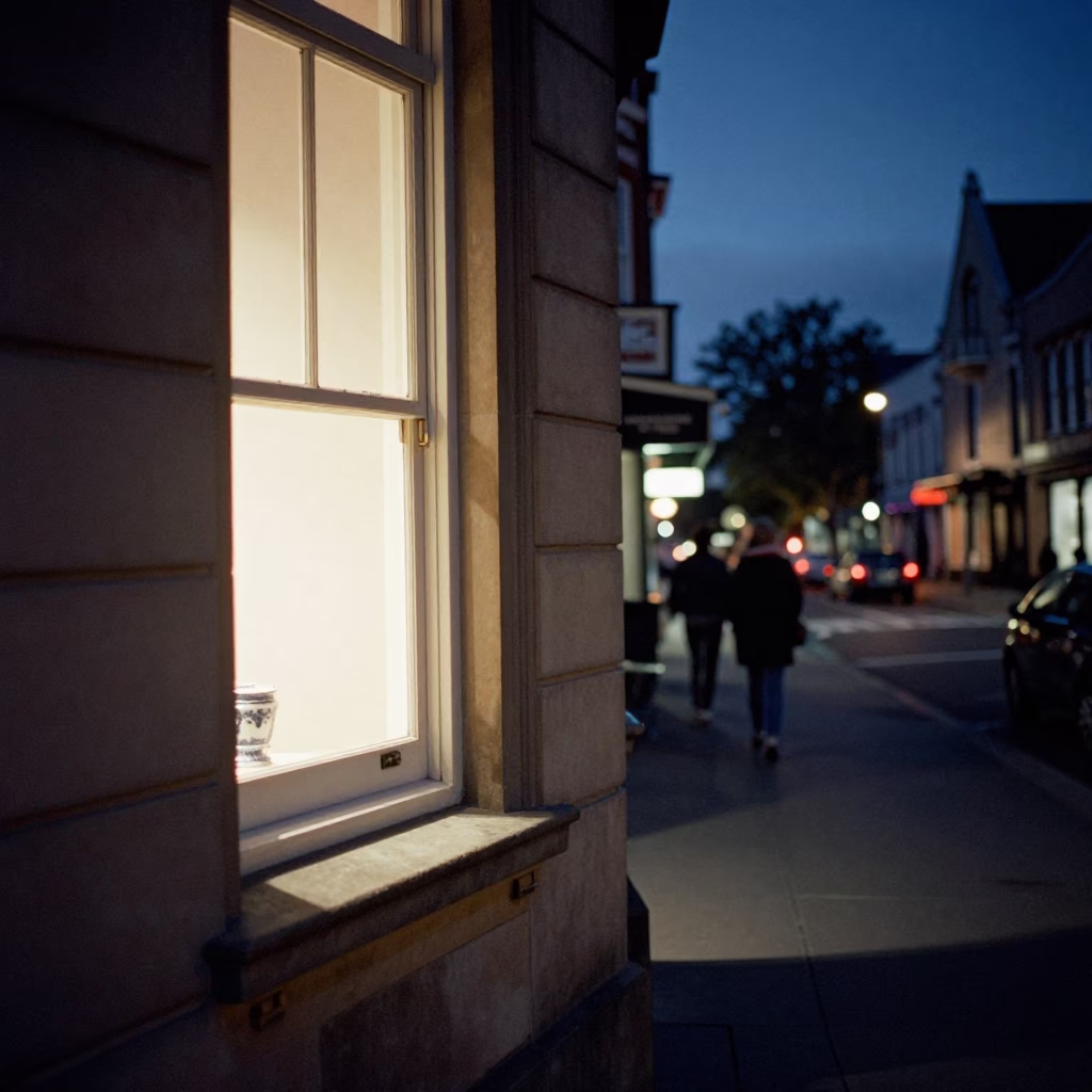 Midnight Christchurch Street Scene with Window Light and Porcelain Jar in in Christchurch, New Zealand