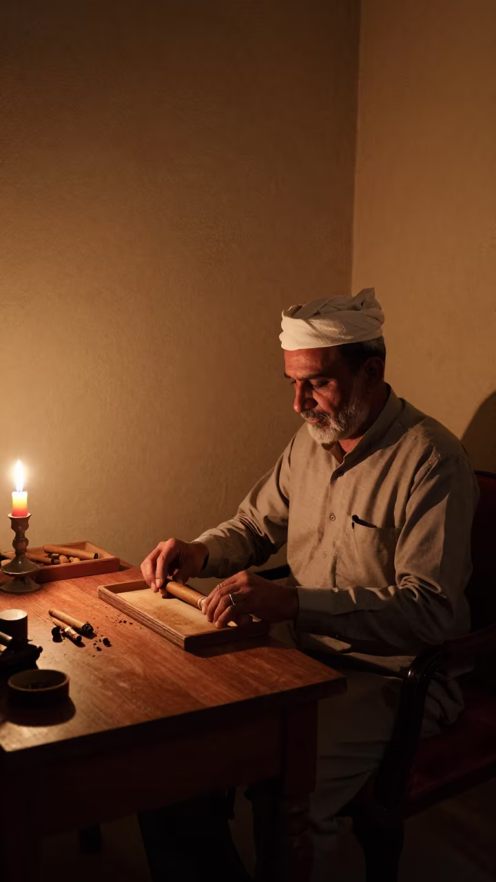 Midnight Cigar Rolling in Quetta Workshop in on a velvet chair near Quetta