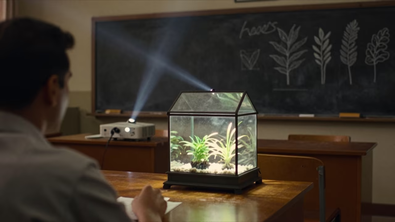 Midnight Classroom Terrarium Glow Under Blackboard Sketches in inside a quiet classroom in Naypyidaw