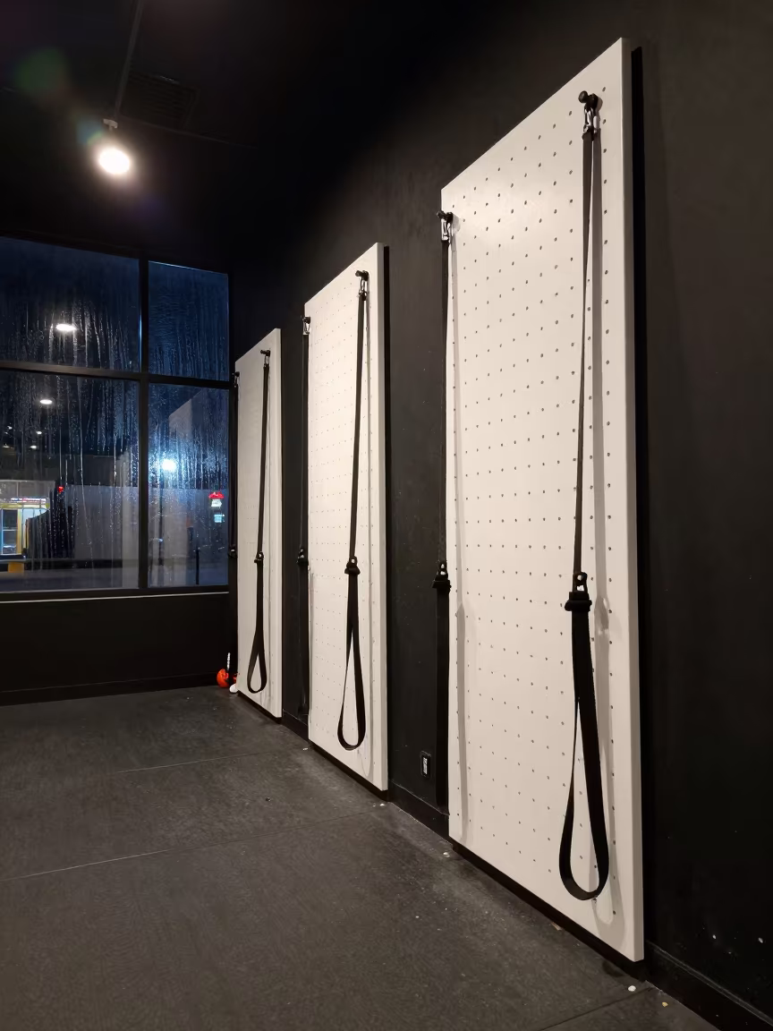 Midnight Climbing Gym Warmup Zone Pegboard in inside a climbing gym warmup zone near Vaughan