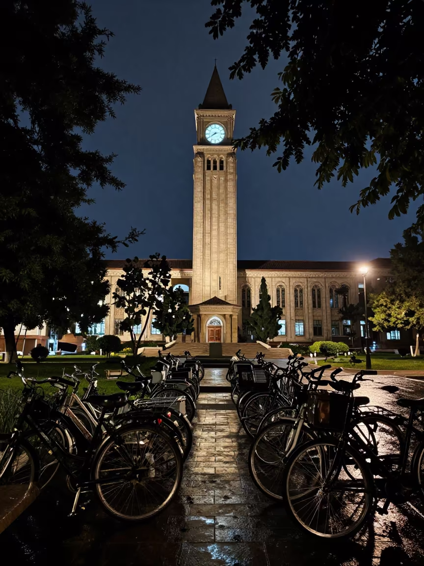 Midnight Clock Tower Over Bicycles After Spring Rain in beneath a university cloister near Helwan