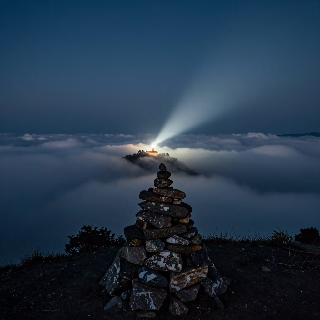 Midnight Cloud Sea Near Kathmandu Summit Cairn in beside a summit cairn above the tree line near Kathmandu