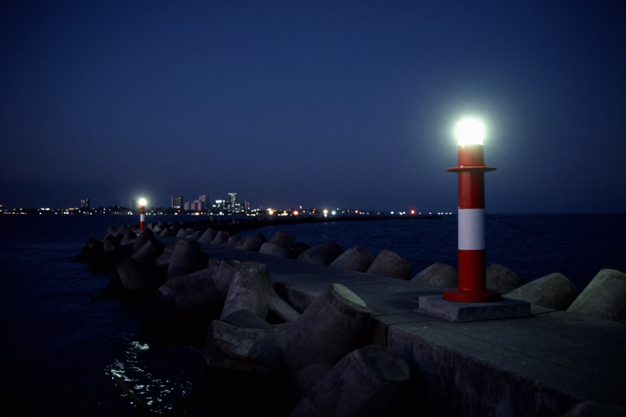 Midnight Coastal Breakwater with Warning Beacons in San Diego California in in San Diego, California, United States