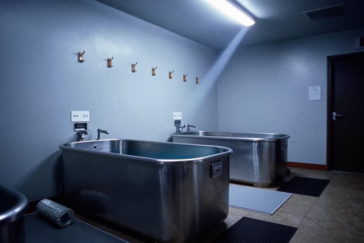 Midnight Cold Plunge Station Tokyo Recovery Lounge in inside a recovery lounge beside foam rollers in Tokyo