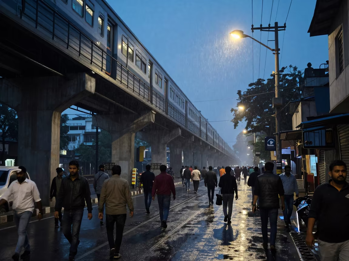 Midnight Commuters Under Batala Rail Overpass in under an elevated train line in Batala