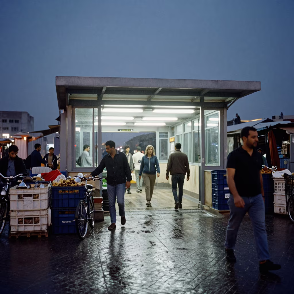 Midnight Commuters in Benghazi Drizzle in outside a metro entrance in Benghazi