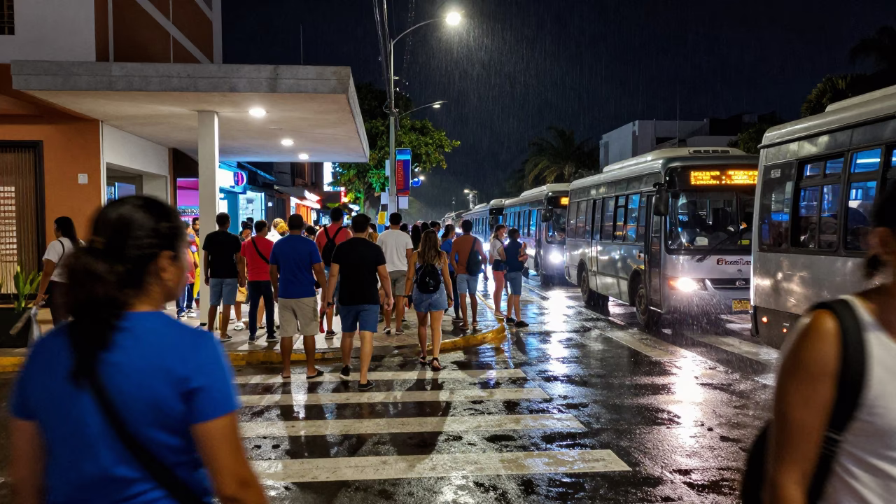 Midnight Commuters Under Neon Tulum Crosswalk in beneath a flickering underpass light in Tulum
