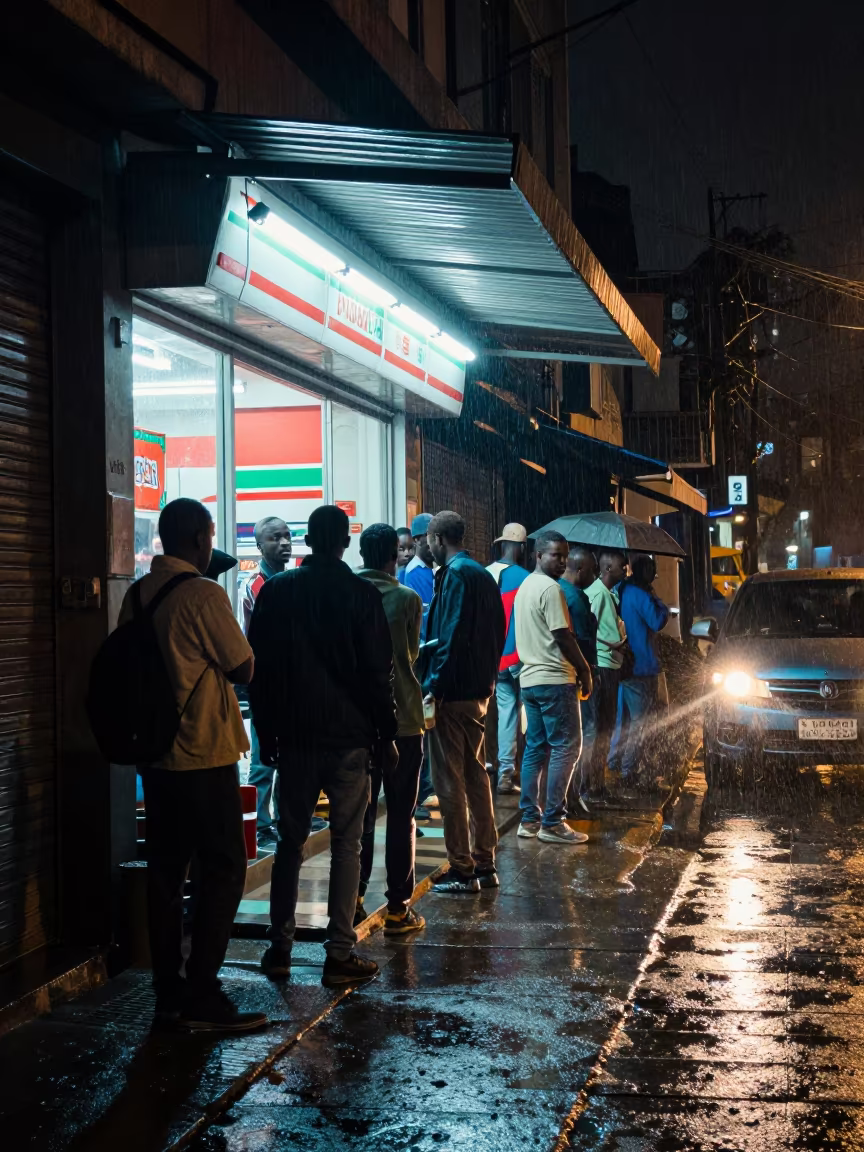 Midnight Commuters Queuing Under Awning in Addis Ababa in outside a fluorescent convenience store in Addis Ababa