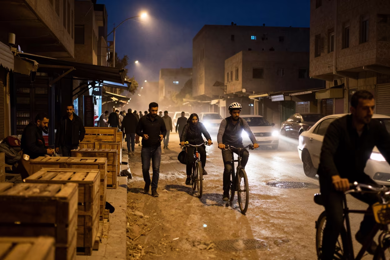 Midnight Commuters Under Flickering Idlib Lights in beneath a flickering underpass light in Idlib