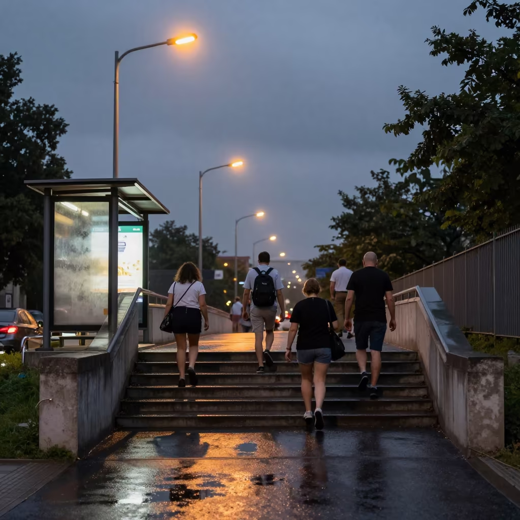 Midnight Commuters Climbing Wet Stairs Zagreb in beside a steamed-up bus shelter in Zagreb