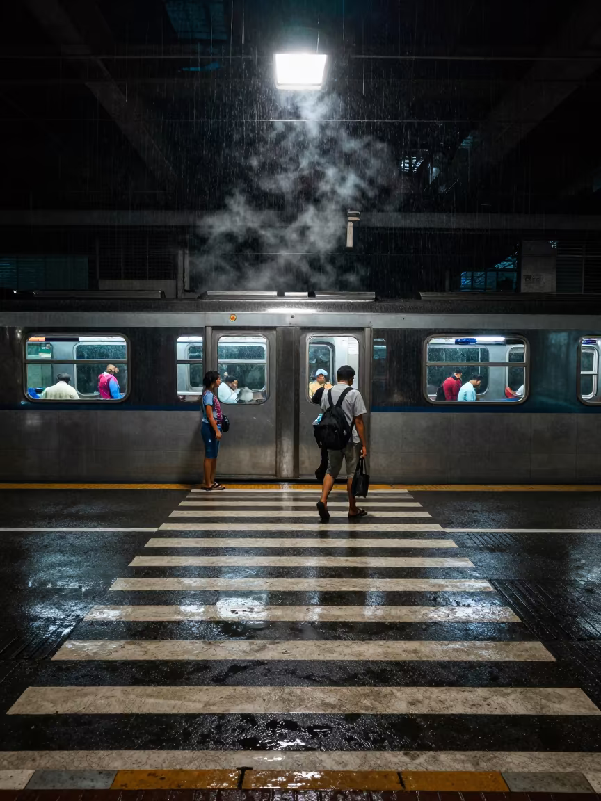 Midnight Commuters Under Flickering Yangon Lights in beneath a flickering underpass light in Yangon