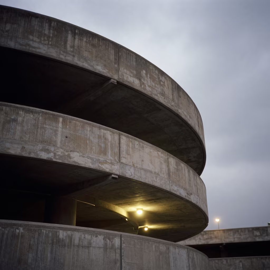 Midnight Concrete Ramp Under Vaulted Atrium in inside a vaulted atrium near Yazd