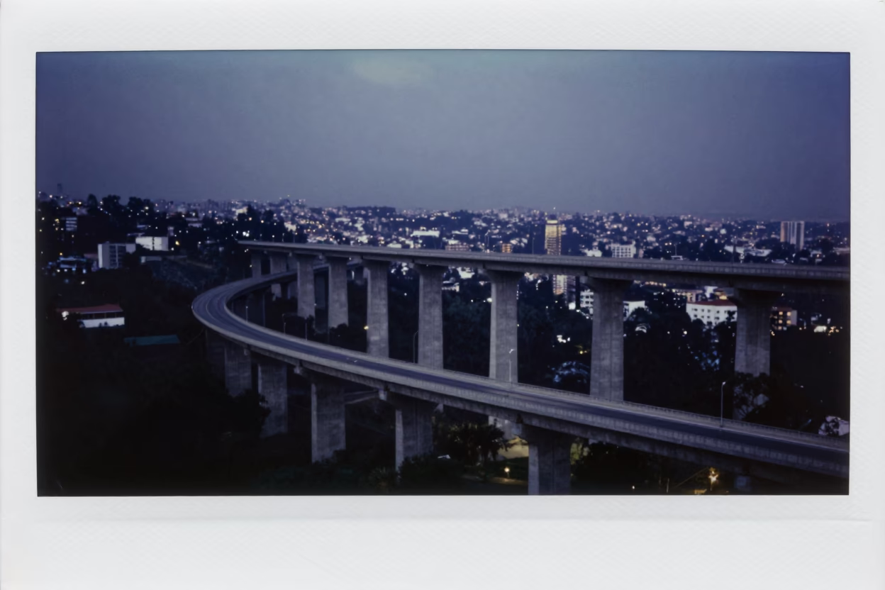 Midnight Concrete Viaduct Curving Over Mexico City Valley Floor Urban Landscape in in Mexico City, Mexico