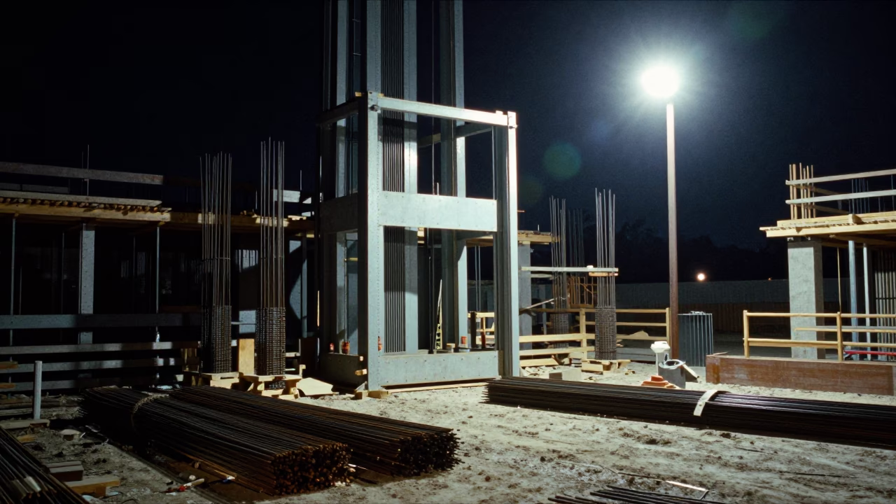 Midnight Construction Site in Austin Texas With Rebar Bundles And Industrial Lighting in in Austin, Texas, United States
