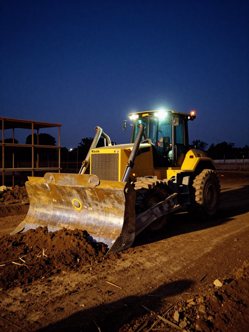 Midnight Construction Site in Johannesburg South Africa with Bulldozer and Steel Shelf in in Johannesburg, South Africa
