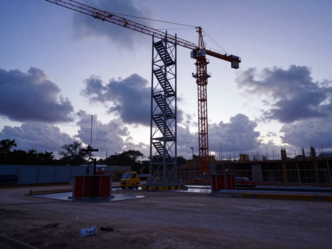 Midnight Construction Tower Bucket Barbados in beneath a tower crane on open ground in Barbados