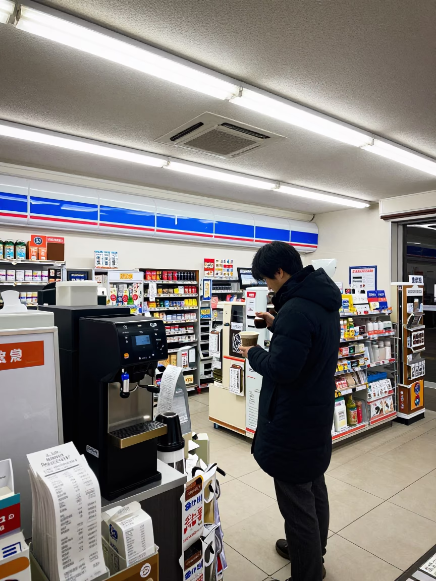 Midnight Convenience Store Convenience in Sapporo Japan with Coffee and Receipts in in Sapporo, Japan