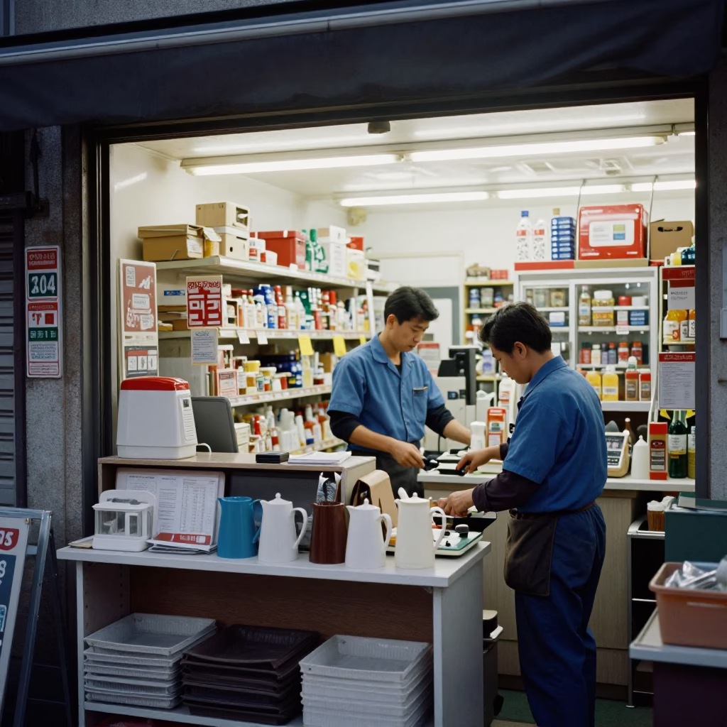 Midnight Convenience Store Counter in Busan South Korea with Pitcher and Clutter in in Busan, South Korea