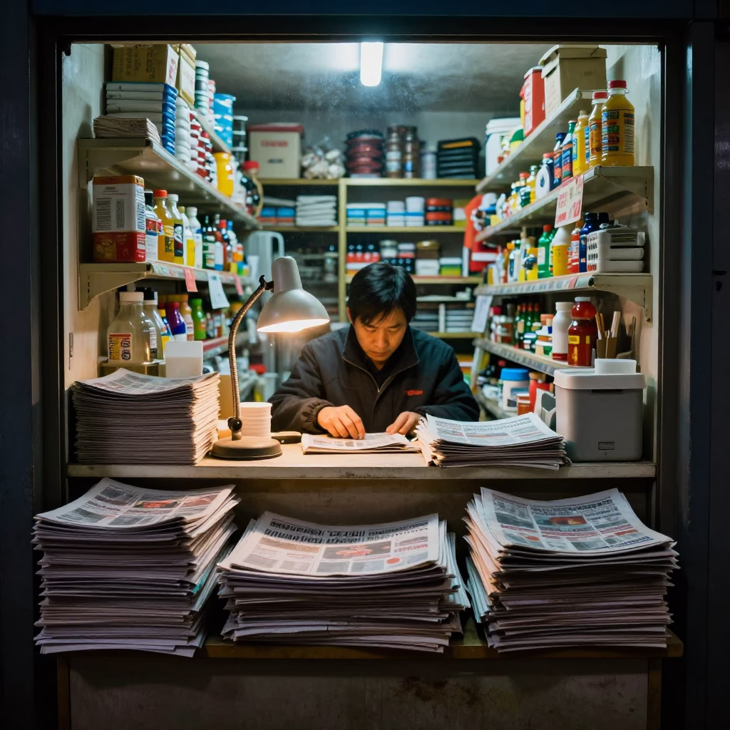 Midnight Convenience Store Interior in Beijing China with Stacked Newspapers and Desk Lamp in in Beijing, China