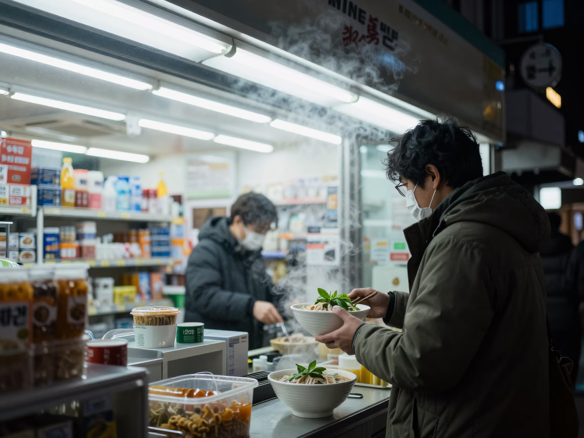 Midnight Convenience Store Interior in Busan South Korea with Steam and Convenience in in Busan, South Korea