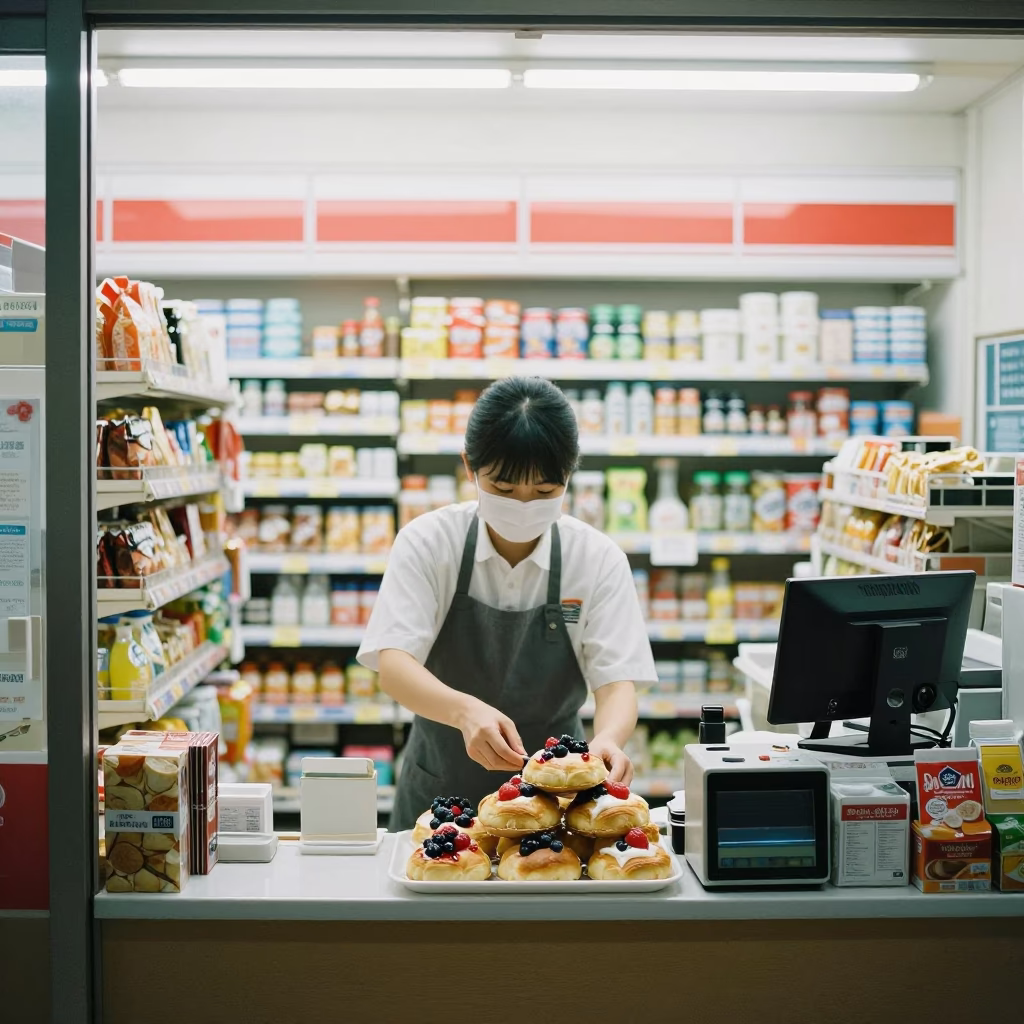 Midnight Convenience Store Interior in Fukuoka Japan with Snack Aisle and Glass Display Case in in Fukuoka, Japan