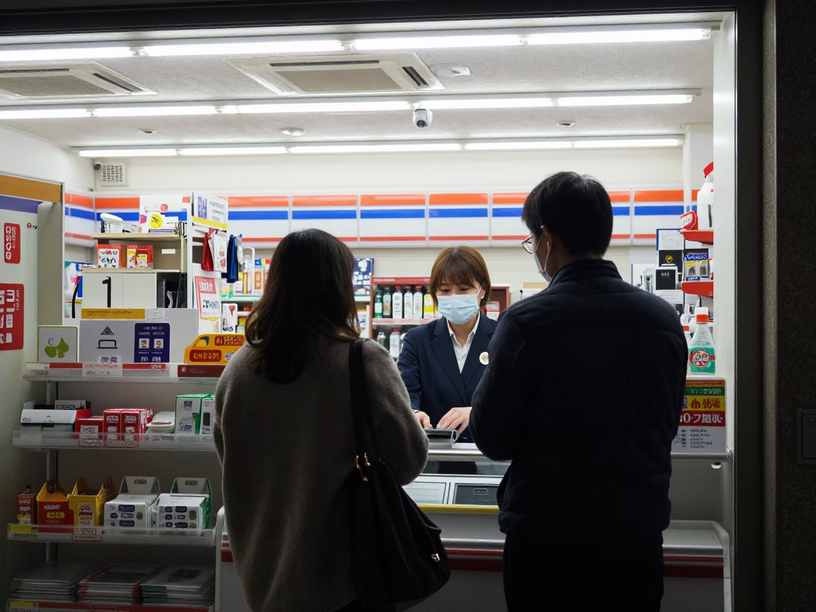 Midnight Convenience Store Interior in Kyoto Japan with Customer and Clerk Interaction in in Kyoto, Japan