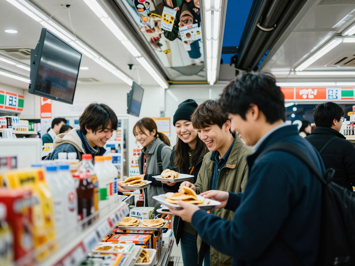 Midnight Convenience Store Interior in Sapporo Japan with Monorail Reflection and Late Night Snacks in in Sapporo, Japan
