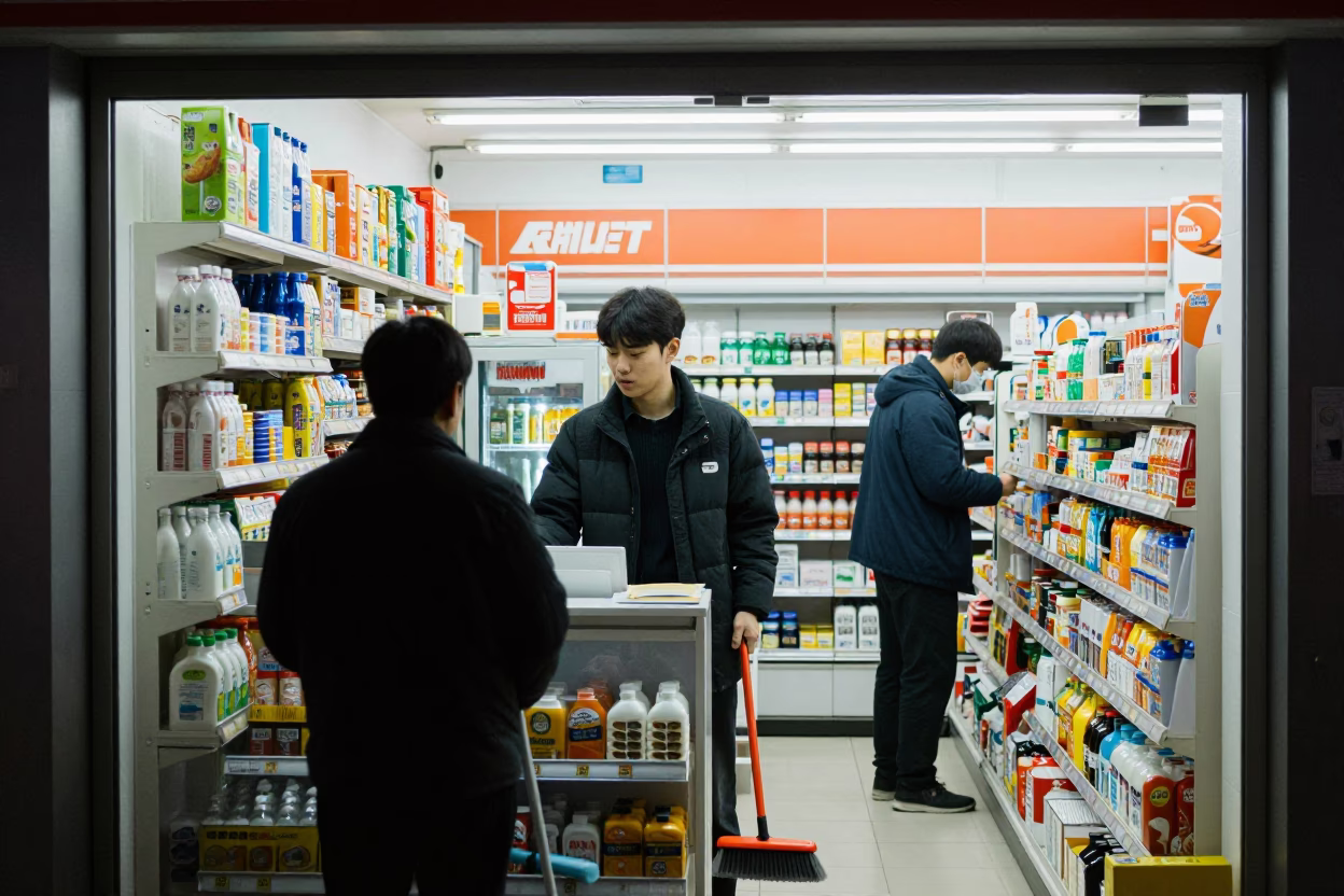 Midnight Convenience Store Interior in Seoul South Korea with Customer and Staff Interaction in in Seoul, South Korea