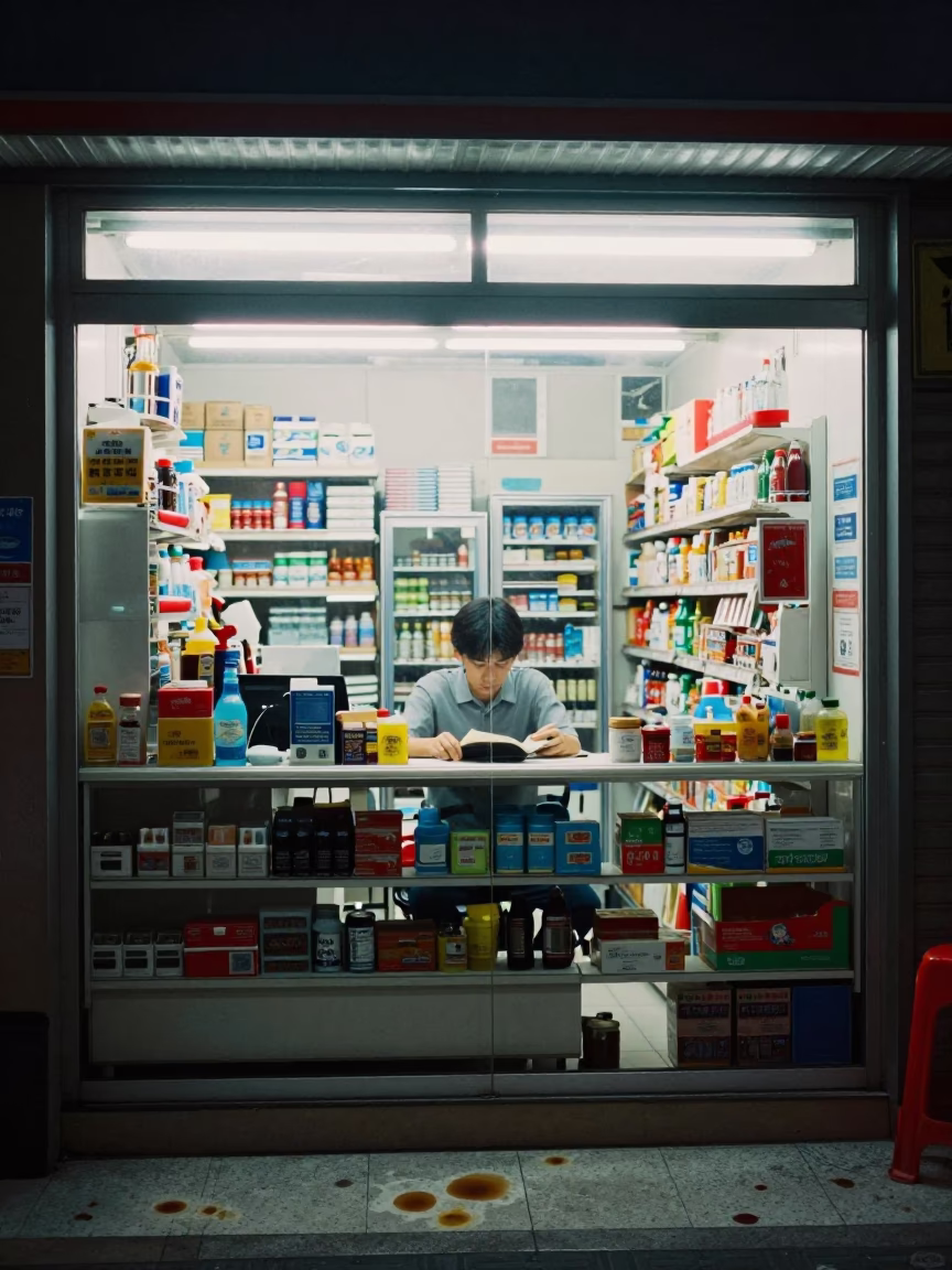 Midnight Convenience Store Scene in Kaohsiung Taiwan with Tea Stains and Book Light in in Kaohsiung, Taiwan